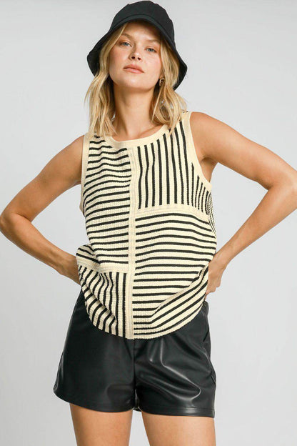 Umgee Round Neck Texture Striped Tank for Casual Style - Selvanelle