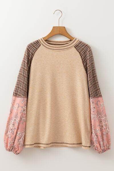Plaid Floral Patchwork Round Neck Long Sleeve Top for Women - Selvanelle