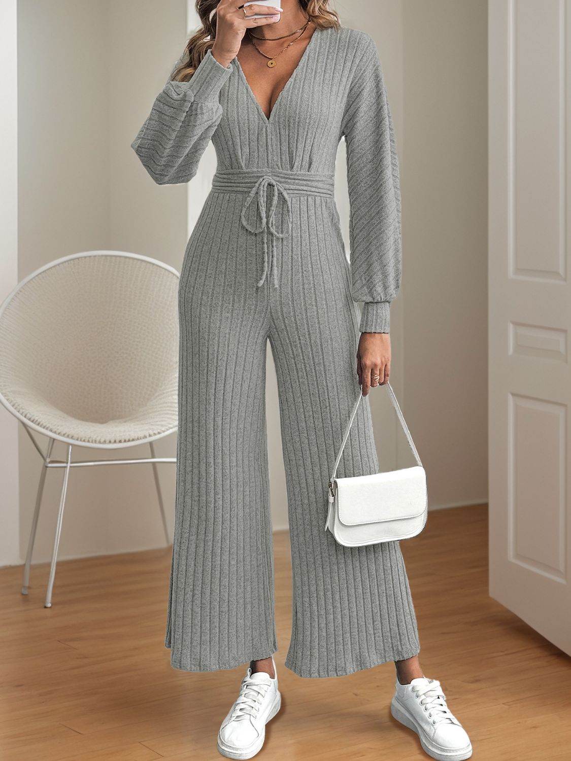 V-Neck Long Sleeve Wide Leg Jumpsuit - Selvanelle