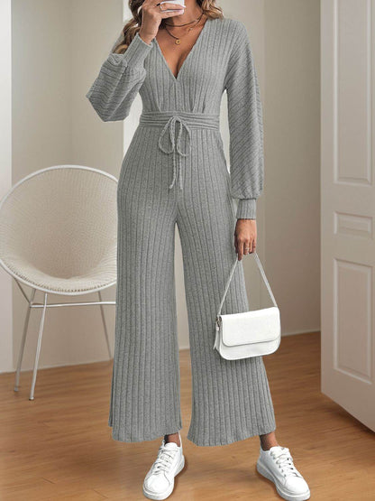 V-Neck Long Sleeve Wide Leg Jumpsuit - Selvanelle