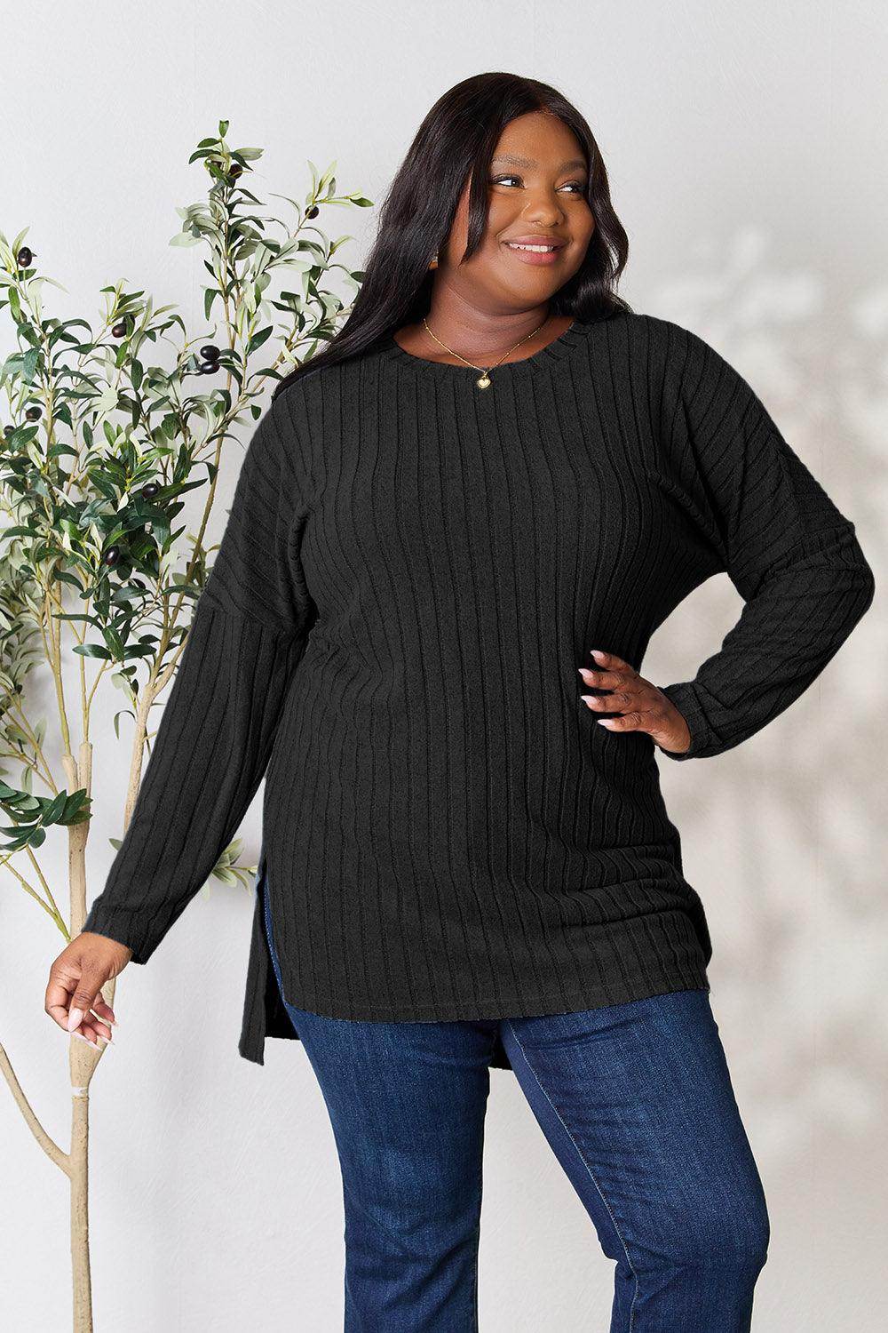Basic Bae Full Size Ribbed Round Neck Long Sleeve Slit Top - Selvanelle