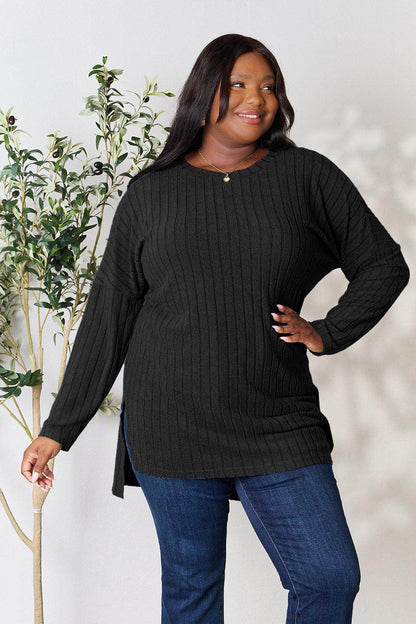Basic Bae Full Size Ribbed Round Neck Long Sleeve Slit Top - Selvanelle