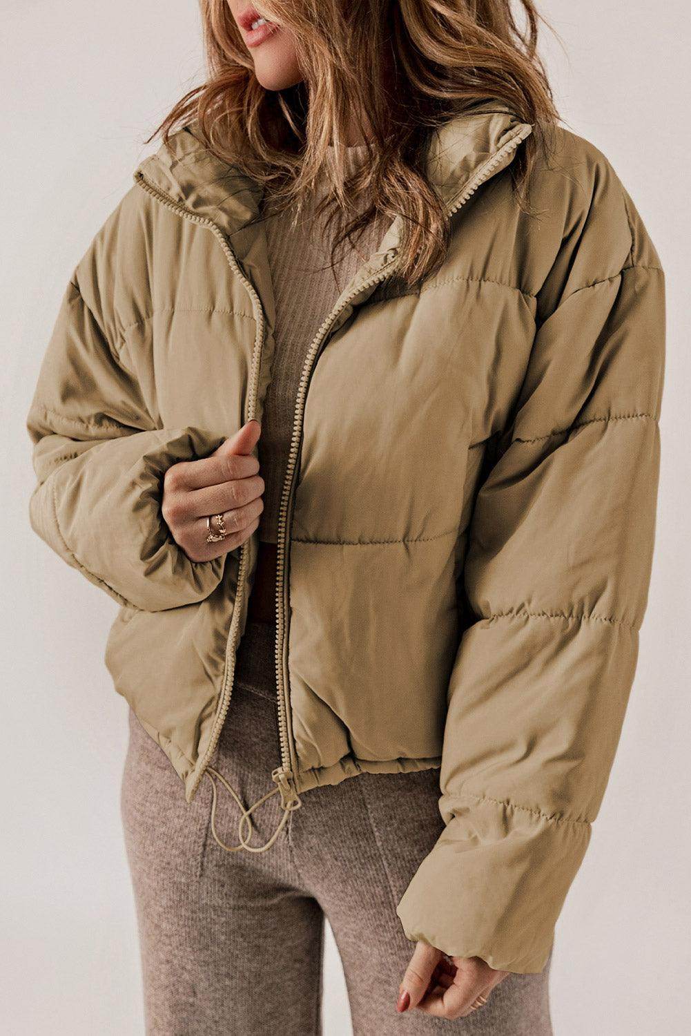 Zip Up Collared Neck Long Sleeve Winter Coat for Women - Selvanelle