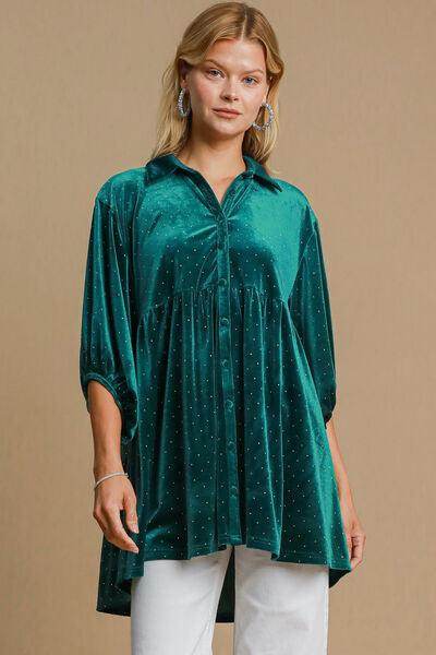 Umgee Full Size Polka Dot Collared Neck Button Up Shirt - Selvanelle