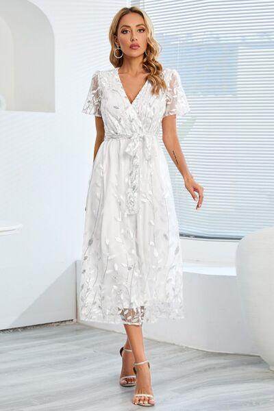 Sequin Leaf Embroidery Tie Front Short Sleeve Dress for Women - Selvanelle