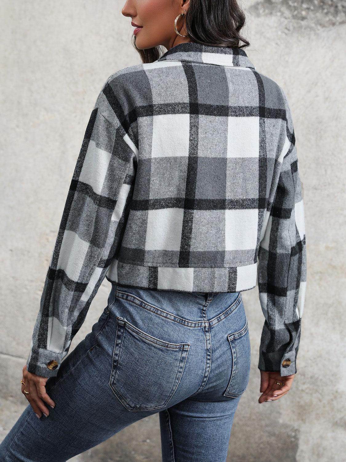 Perfee Plaid Button Up Drop Shoulder Cropped Jacket for Women - Selvanelle