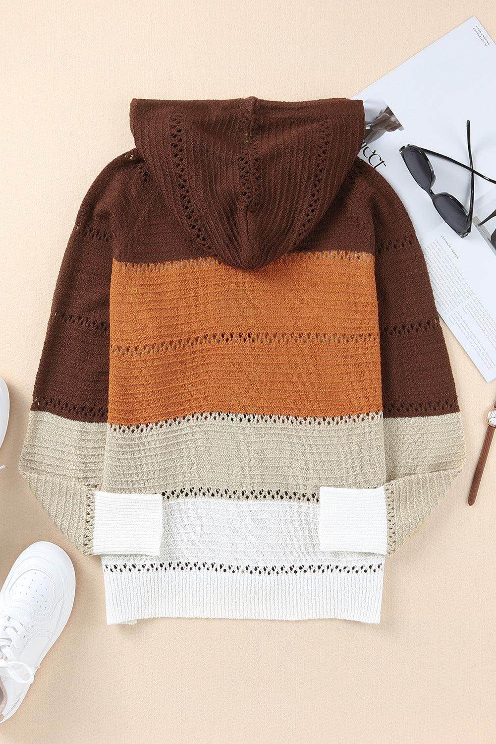 Zip-Up Raglan Sleeve Openwork Hooded Cardigan for Women - Selvanelle