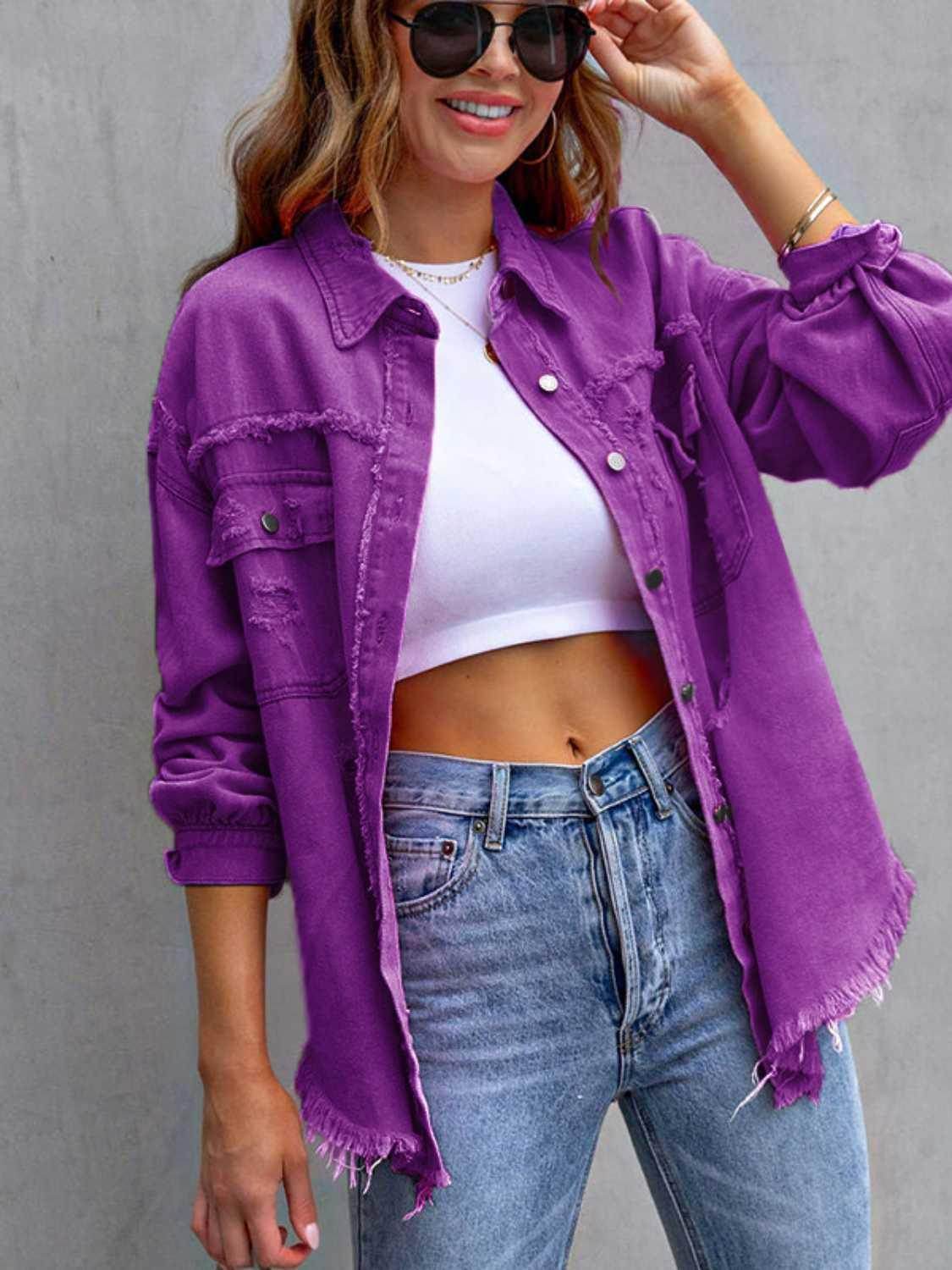 Distressed Drop Shoulder Denim Jacket for Casual Style - Selvanelle