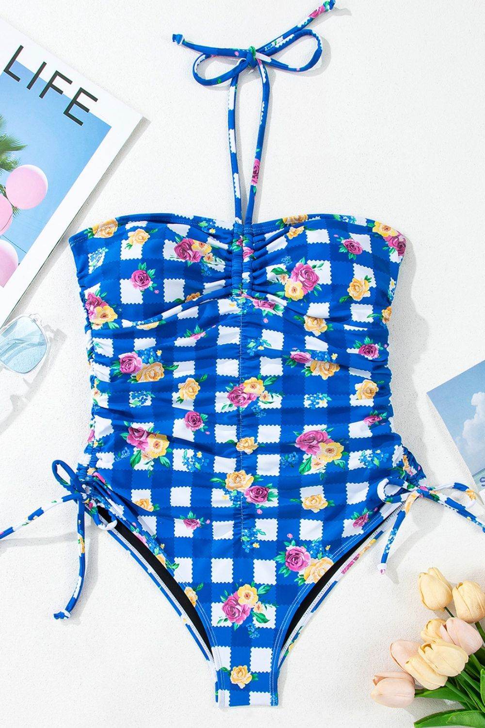 Floral Gingham Halter Neck Drawstring One Piece Swimwear - Selvanelle