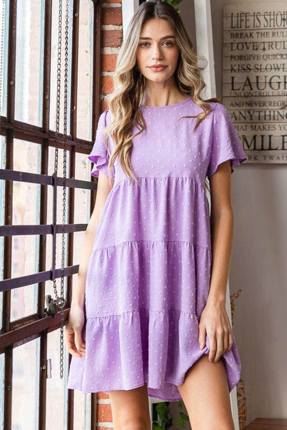 Heimish Full Size Swiss Dot Short Sleeve Tiered Dress - Selvanelle