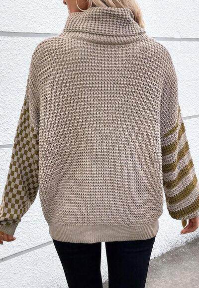 Striped & Checkered Turtleneck Dropped Shoulder Sweater - Selvanelle