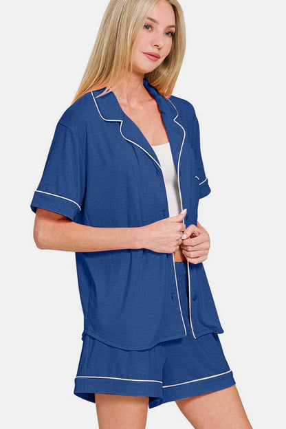 Zenana Button Down Short Sleeve Top and Shorts Lounge Set - Selvanelle