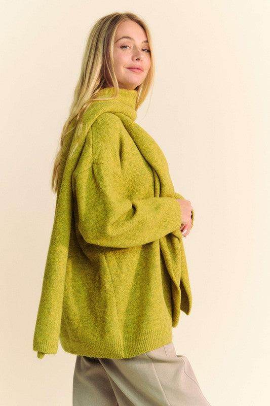 Davi & Dani V-Neck Dropped Shoulder Sweater with Scarf - Selvanelle