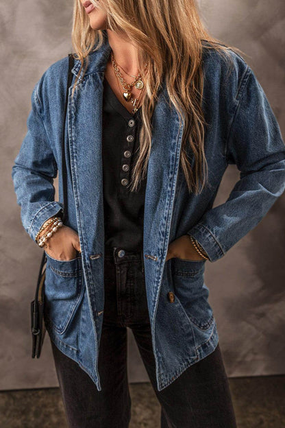 Pocketed Long Sleeve Denim Jacket for Women Stylish Fit - Selvanelle