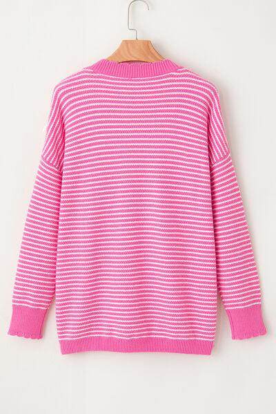 Striped V-Neck Dropped Shoulder Sweater for Women - Selvanelle