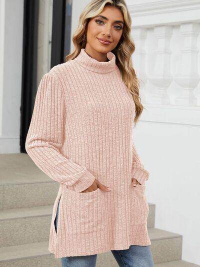 Slit Mock Neck Long Sleeve T-Shirt for Women with Pocket - Selvanelle
