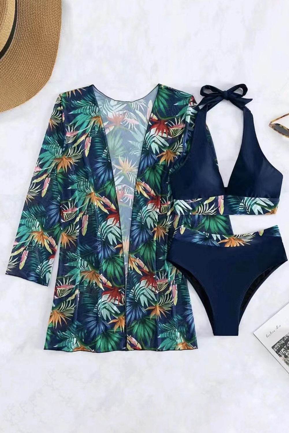 Printed Halter Neck Three-Piece Swim Set - Selvanelle