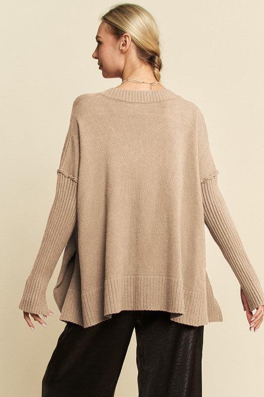 Davi & Dani Ribbed Side Slit V-Neck Sweater for Women