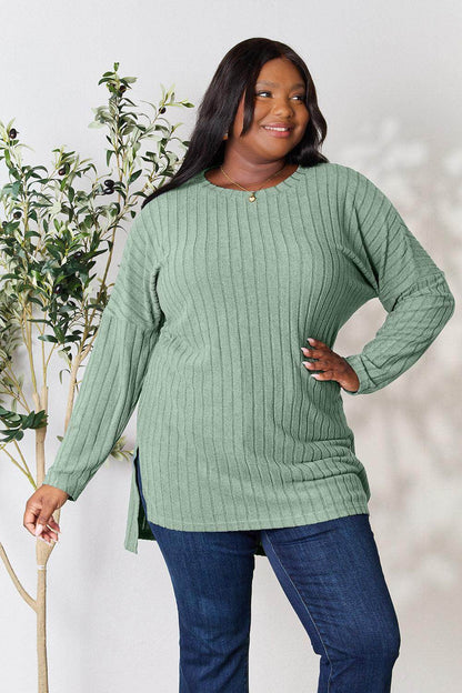 Basic Bae Full Size Ribbed Round Neck Long Sleeve Slit Top - Selvanelle