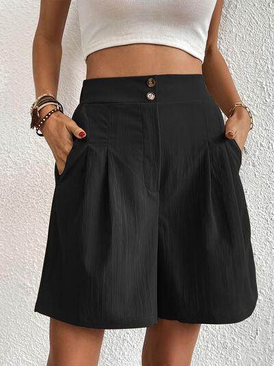 Pocketed Half Elastic Waist Shorts with Side Pockets - Selvanelle