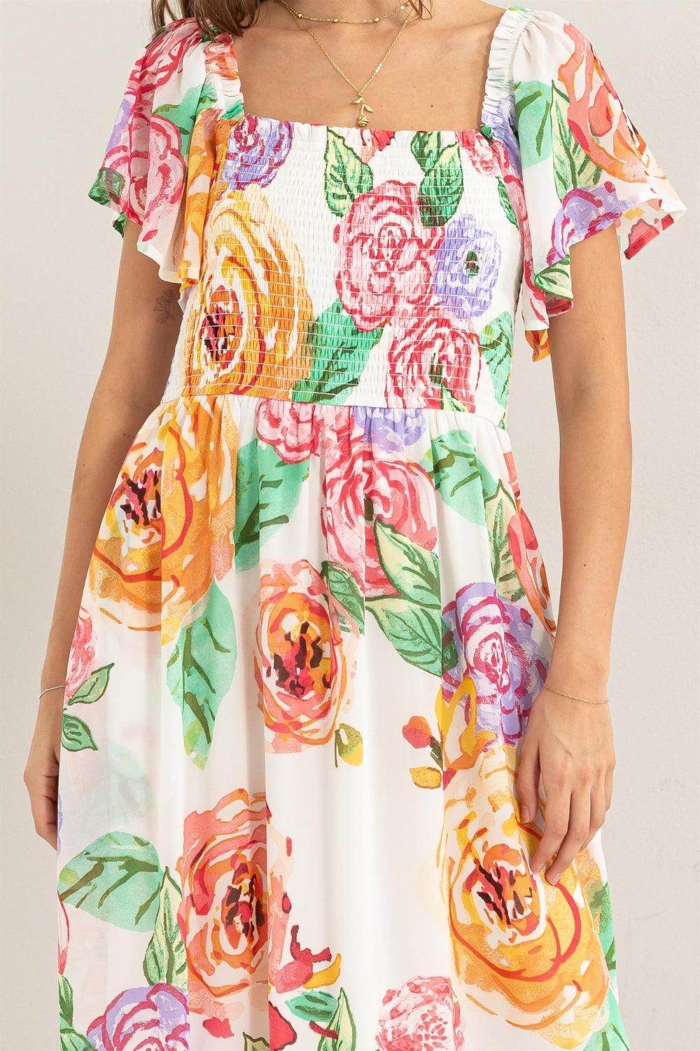 HYFVE Floral Flutter Sleeve Smocked Dress for Women - Selvanelle