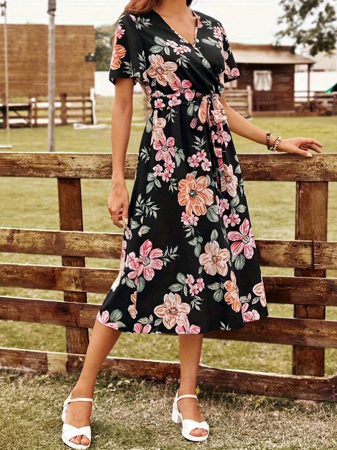 Tied Floral Surplice Short Sleeve Dress - Selvanelle