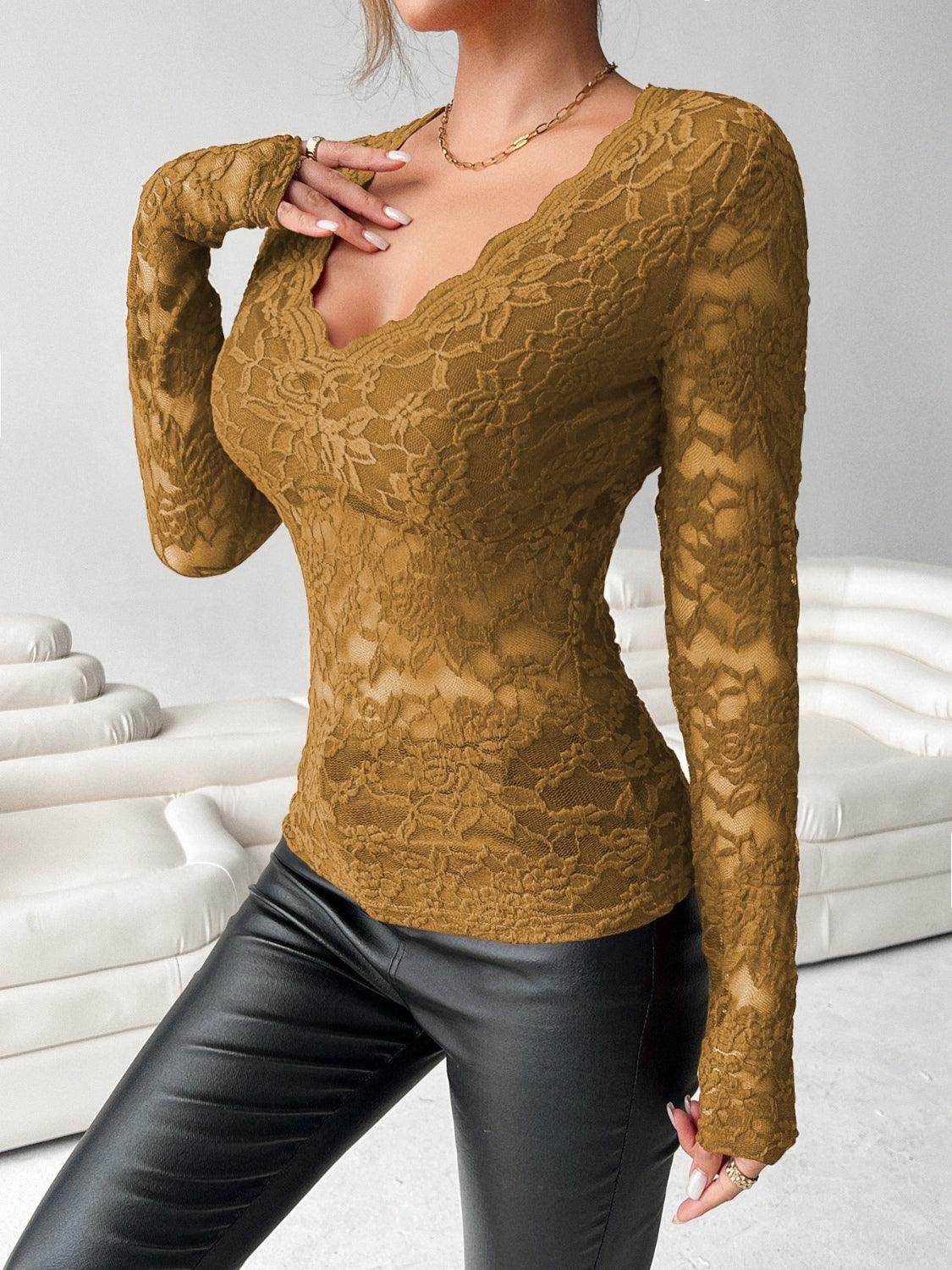 V-Neck Long Sleeve Lace Top for Women in Various Sizes - Selvanelle