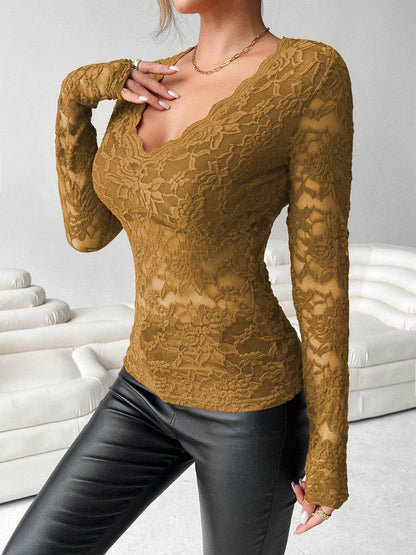 V-Neck Long Sleeve Lace Top for Women in Various Sizes - Selvanelle