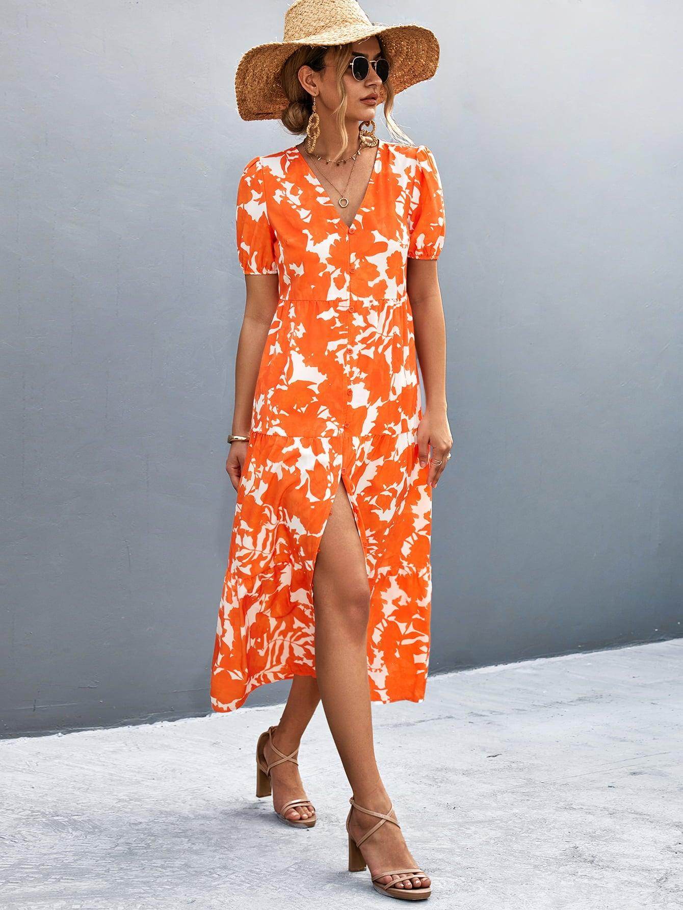 V-Neck Short Sleeve High Slit Midi Dress for Chic Style - Selvanelle
