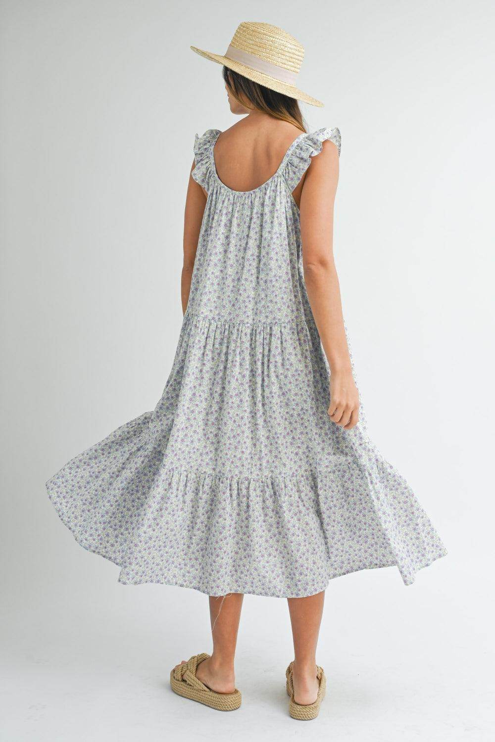 MABLE Floral Ruffle Shoulder Tiered Midi Dress for Women - Selvanelle