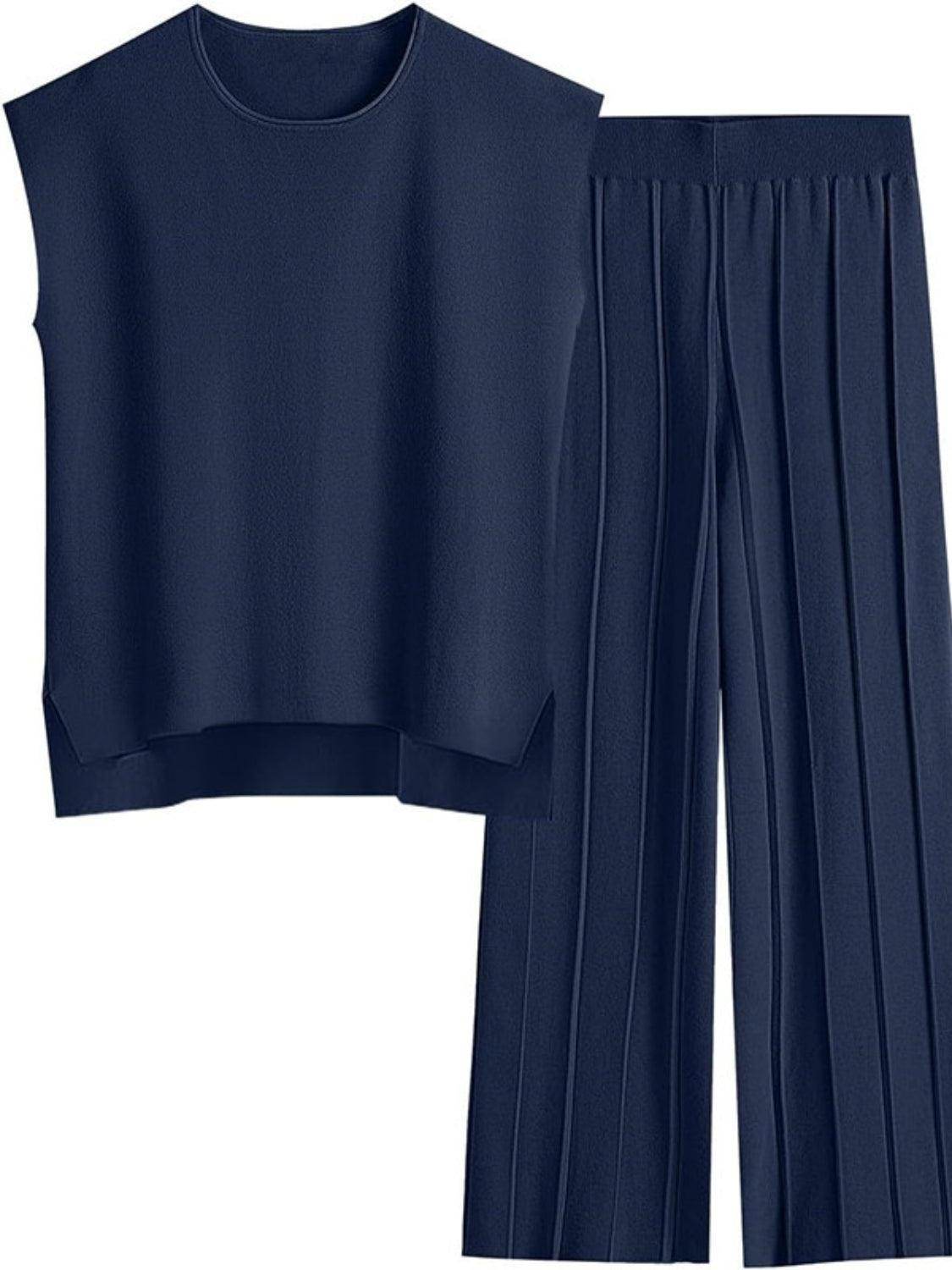 Round Neck Cap Sleeve Top and Pants Knit Set for Women - Selvanelle