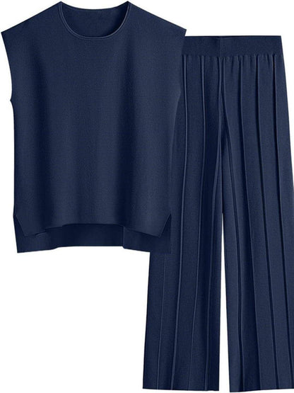 Round Neck Cap Sleeve Top and Pants Knit Set for Women - Selvanelle