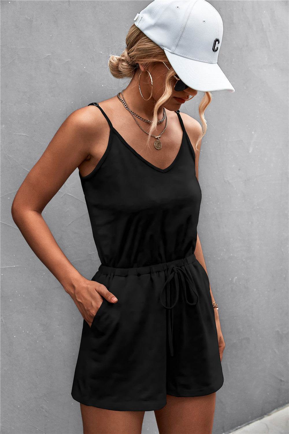 Spaghetti Strap V-Neck Pocket Romper - Selvanelle
