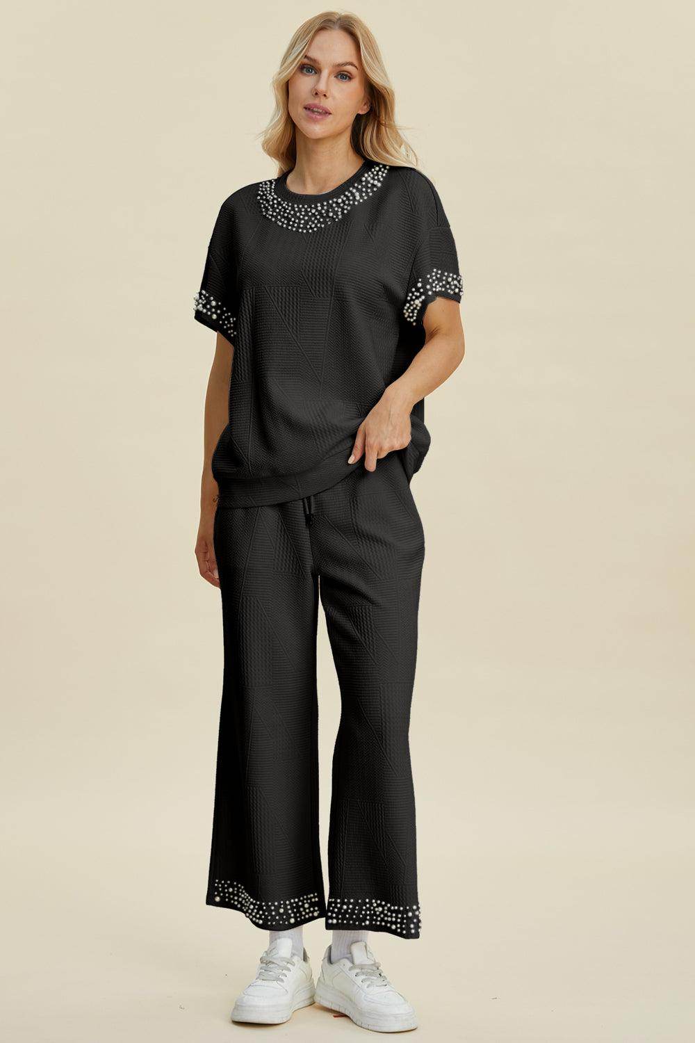 Double Take Full Size Pearl Detail Round Neck Top Pants Set - Selvanelle