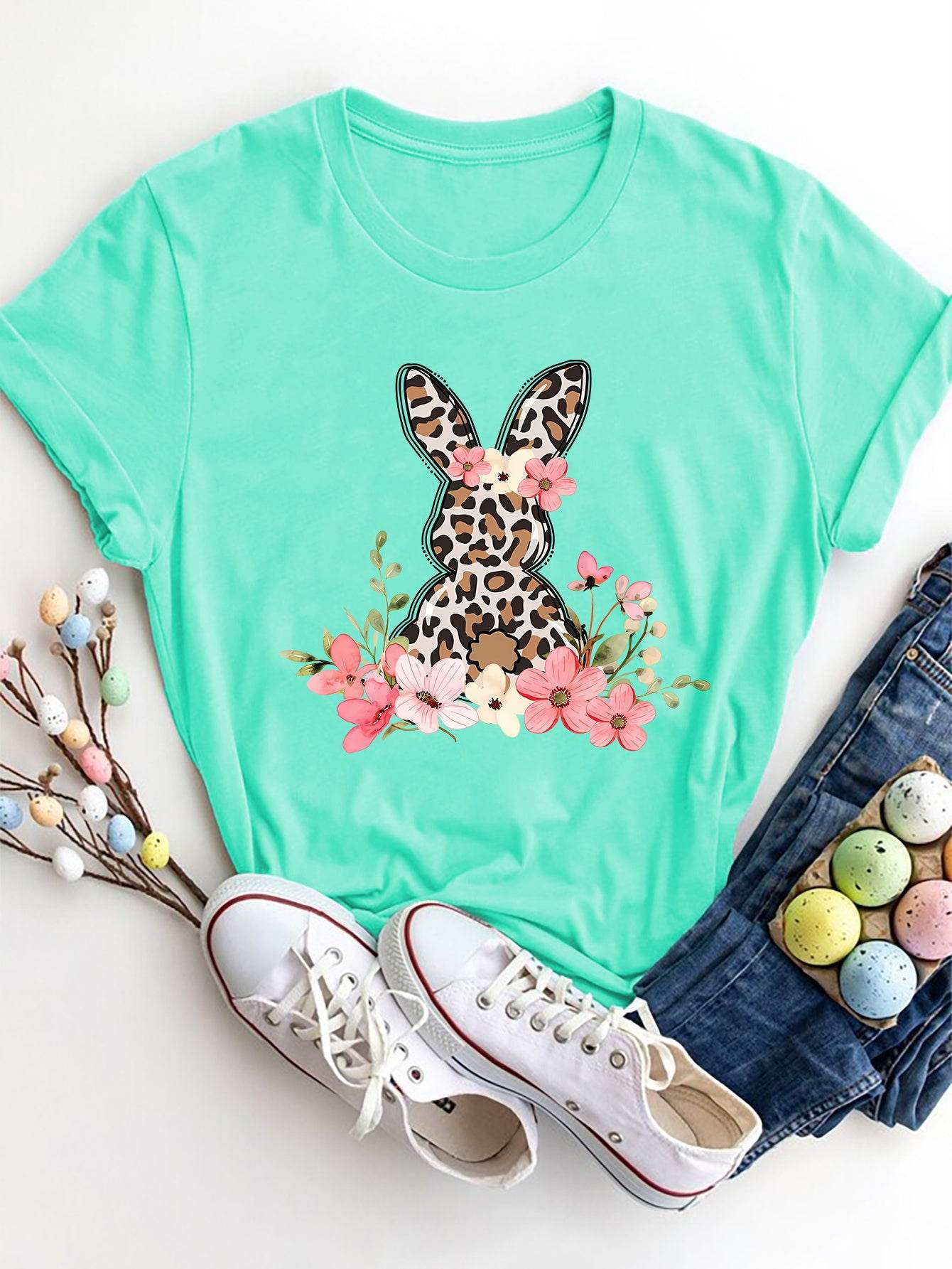 Rabbit Round Neck Short Sleeve T-Shirt - Selvanelle