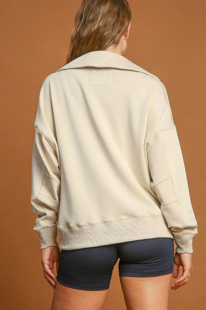 Umgee Johnny Collar Dropped Shoulder Sweatshirt for Women - Selvanelle