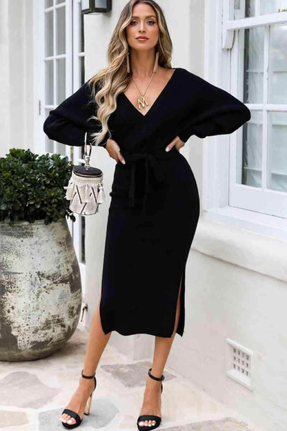 Surplice Neck Bow Waist Slit Sweater Dress for Women - Selvanelle