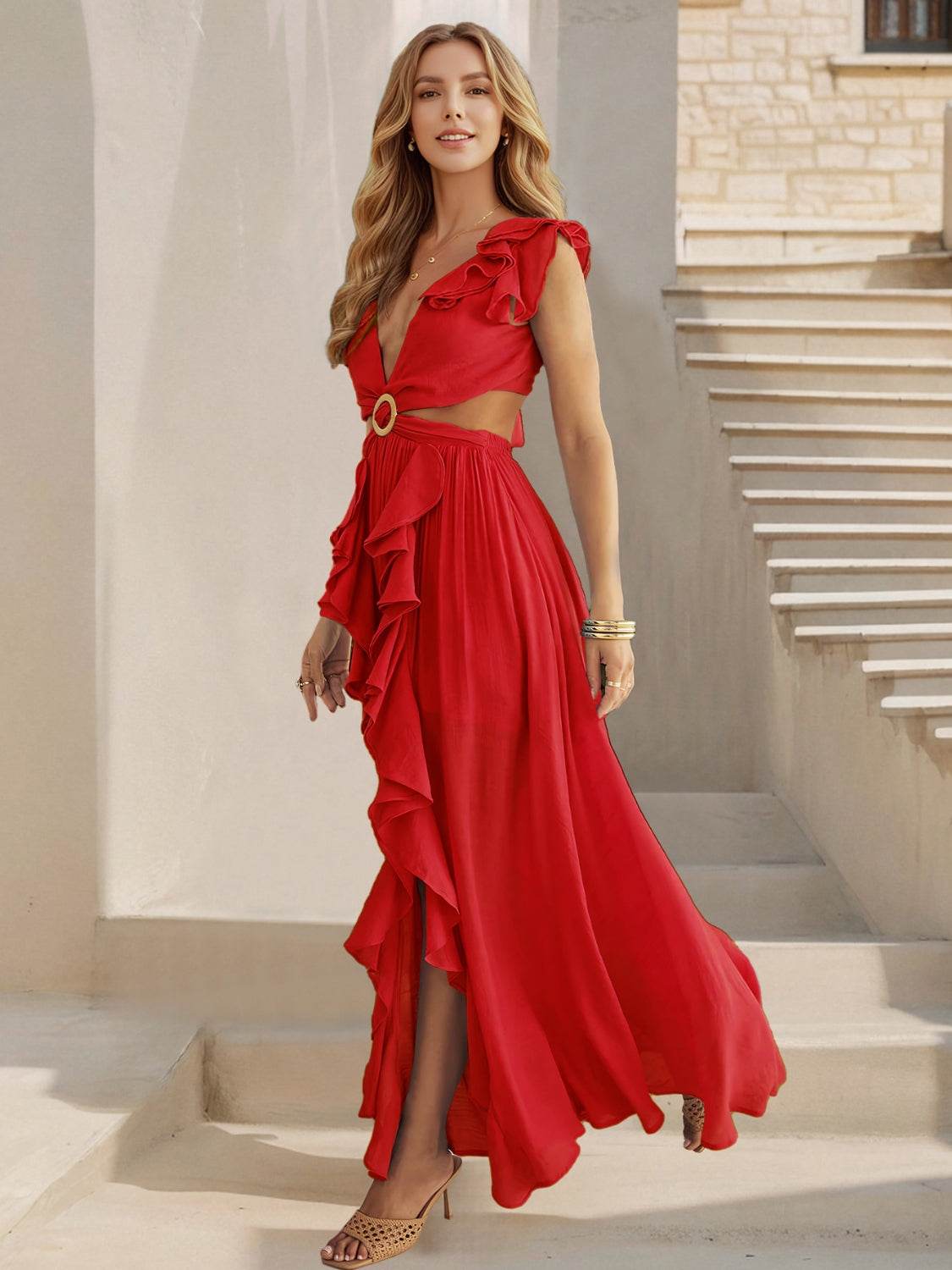 Cutout Ruffled Cap Sleeve Maxi Dress - Selvanelle