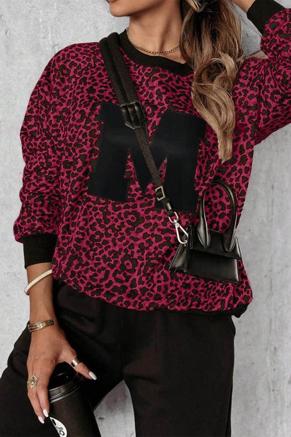 Letter M Leopard Round Neck Top and Pants Set for Women