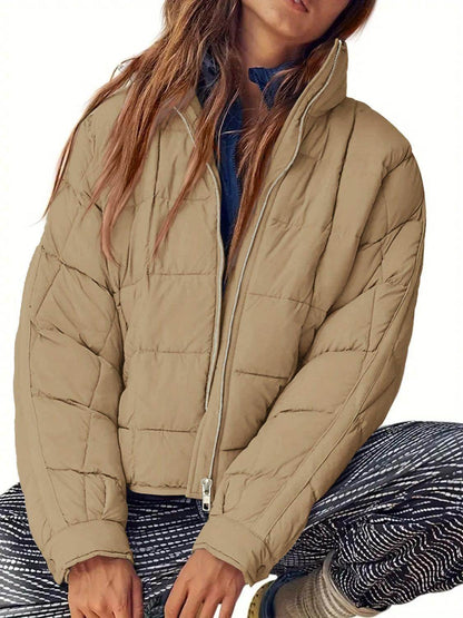 Pocketed Plaid Quilted Zip Up Winter Coat for Women - Selvanelle