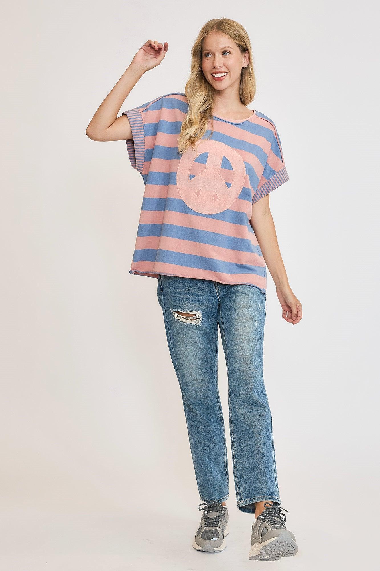 Umgee Peace Sign Patch Striped French Terry T-Shirt Style