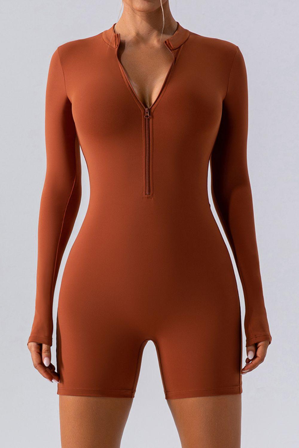 Half Zip Long Sleeve Active Romper for Women Fitness