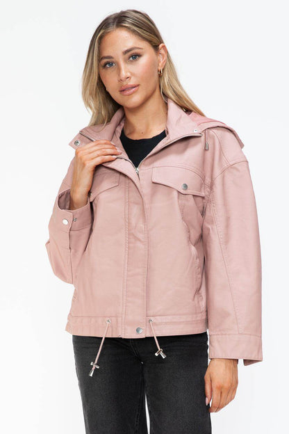 How Dare U Drawstring Hem PU Leather Zip Up Jacket for Women - Selvanelle