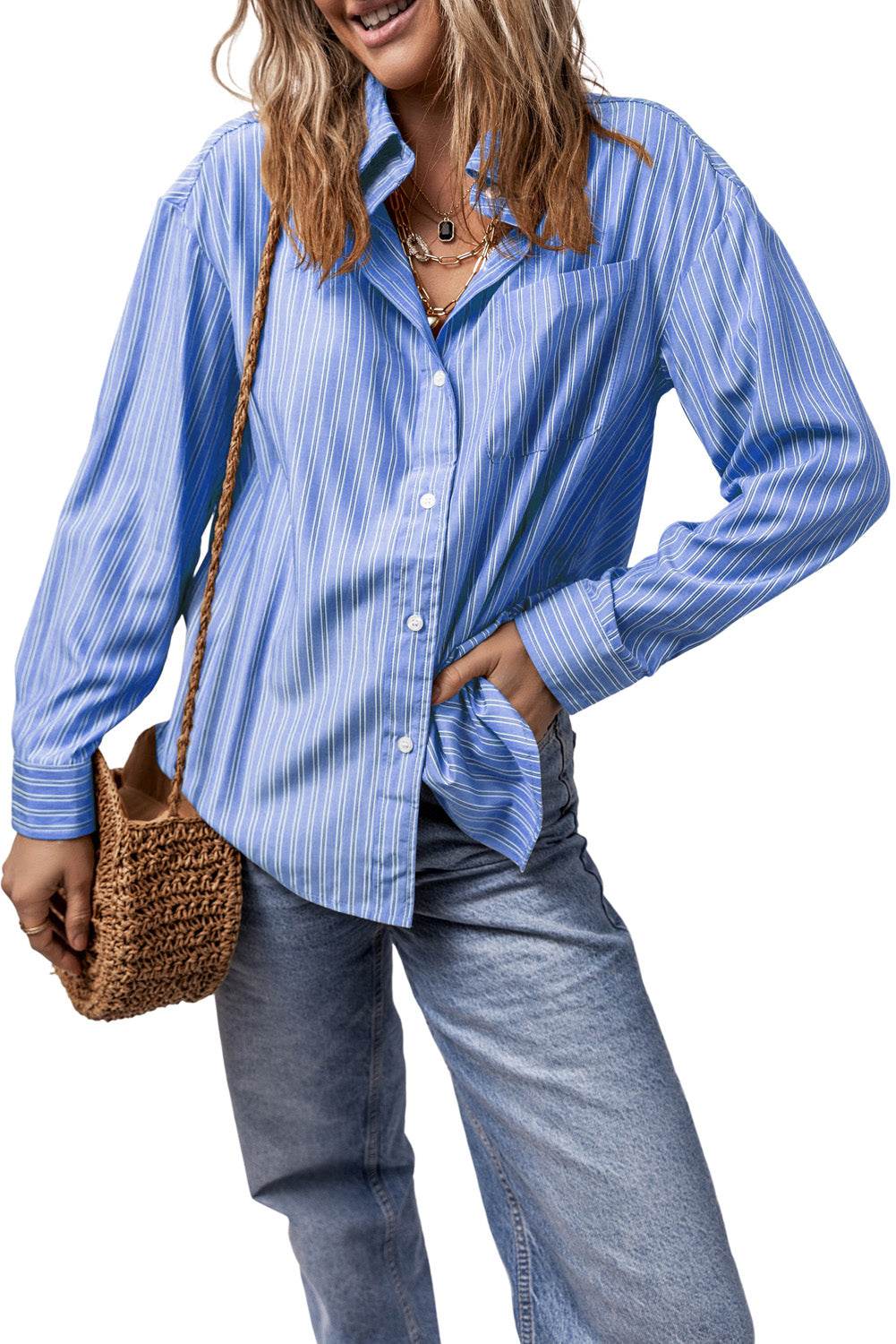 Striped Button Up Long Sleeve Shirt - Selvanelle