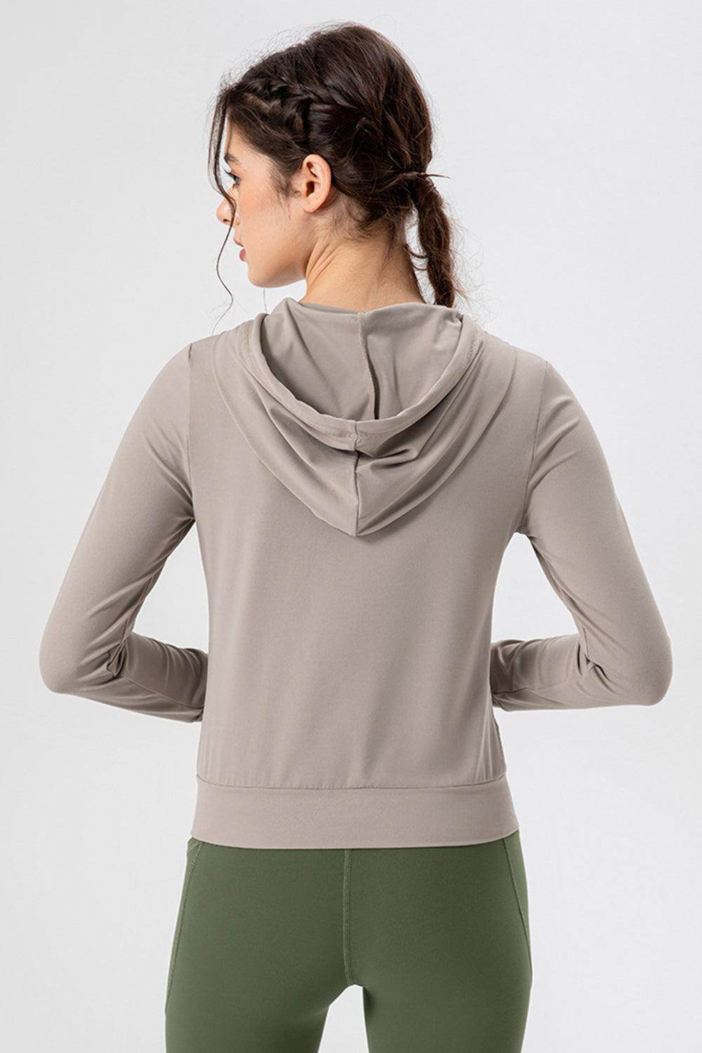 Drawstring Zip Up Hooded Active Outerwear for Women - Selvanelle