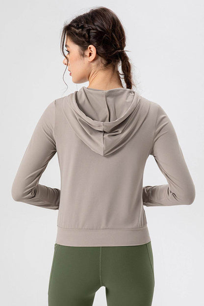 Drawstring Zip Up Hooded Active Outerwear for Women - Selvanelle
