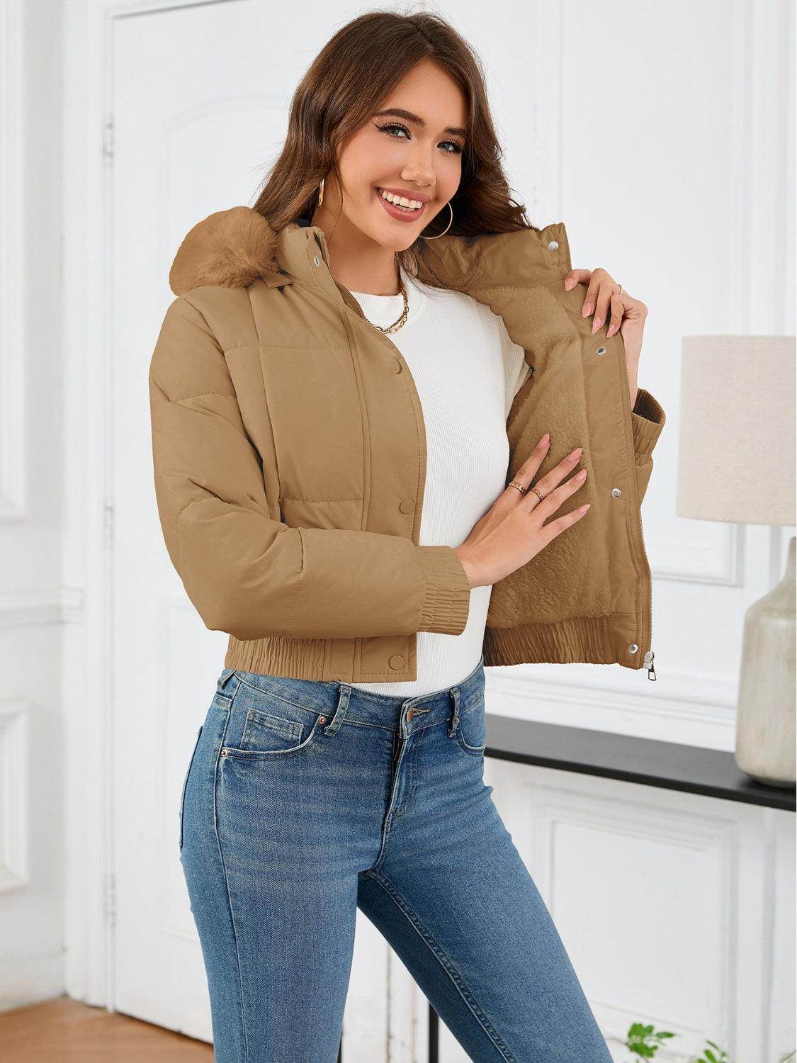 Pocketed Long Sleeve Cropped Hooded Winter Coat for Women - Selvanelle