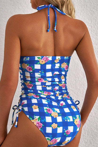 Floral Gingham Halter Neck Drawstring One Piece Swimwear - Selvanelle