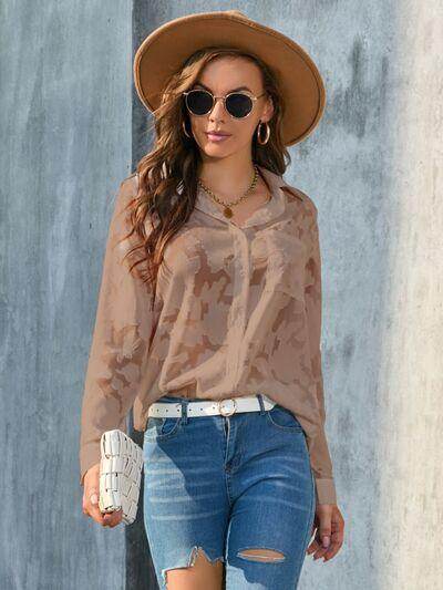 Full Size Collared Neck Long Sleeve Shirt Plus Size Women - Selvanelle