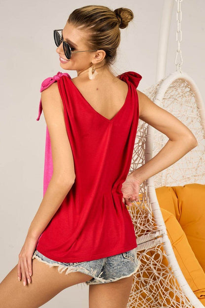 BiBi Shoulder Ribbon Tied Contrast Tank for Stylish Look - Selvanelle